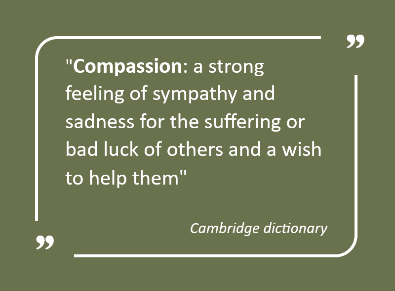 text of the definition of compassion: a strong feeling of sympathy and sadness for the suffering or bad luck of others and a wish to help them, from the cambridge dictionary