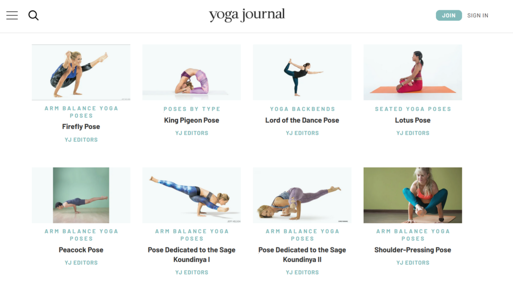 screenshot of yoga journal webpage of advanced yoga poses